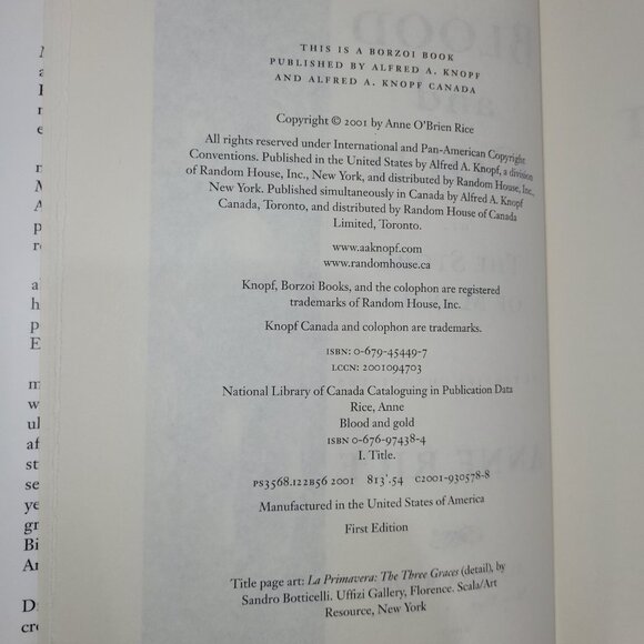 Vampire Chronicles Anne Rice Blood and Gold 2001 1st Edition Hardcover Horror - Picture 2 of 2